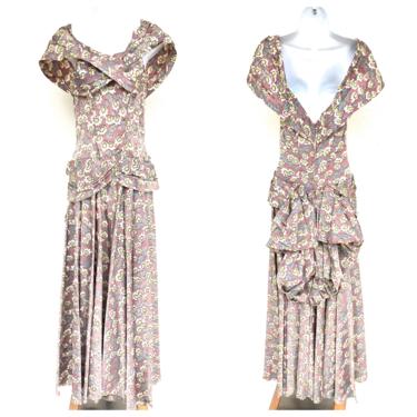 Vintage VTG 1930s 30s Silk Taffeta Purple Floral Bustle Evening Gown Dress 