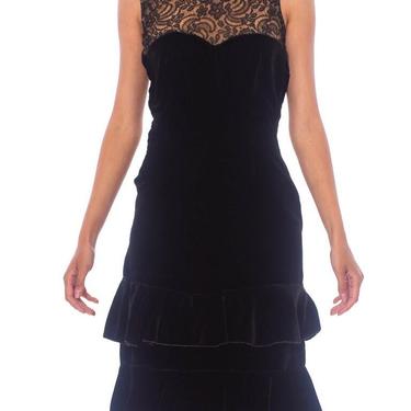 1920S Black Silk Velvet  & Lace Ruffled Hem Dress 