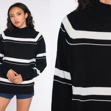 Black Striped Sweater 70s Sweater Knit White Pullover Mock Neck Sweater 1970s Bohemian Hippie Vintage Medium Large 