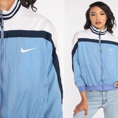 Blue Nike Windbreaker Jacket 90s Baby Blue Nylon Shell Zip Jacket Striped Streetwear Warmup Vintage 1990s Retro Sports Women's Medium 