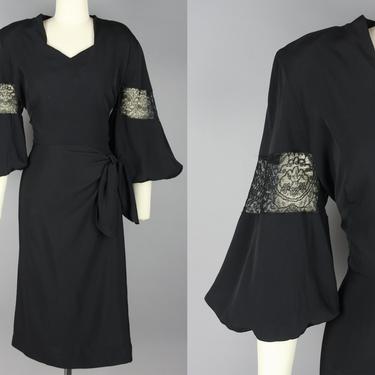1940s Balloon Sleeve Dress | Vintage 40s Black Lace &amp; Rayon Dress | medium 
