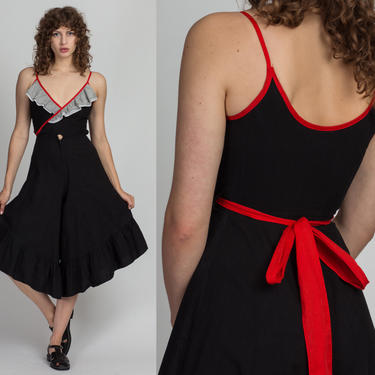 70s Culotte Leg Wrap Jumpsuit - Petite XS | Vintage Black White & Red Ruffle Sleeveless Pantsuit 