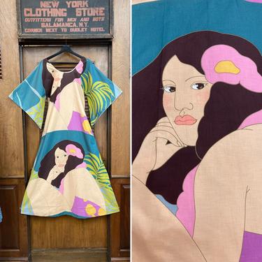 Vintage 1960’s Hula Girl Tiki Cotton Pake Muu Hawaiian Dress, Vintage Pake Muu, 1960’s Hawaiian Dress, Tiki Dress, Batwing Sleeve, Hula Girl 