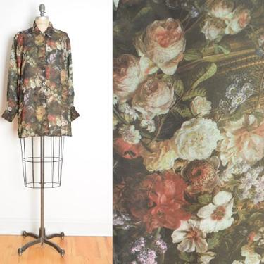 vintage 90s top dark sheer floral photo print blouse button up shirt over sized 