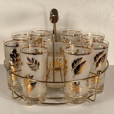 Libbey Golden Foliage Caddy with Ice Bucket & 8 Glasses 