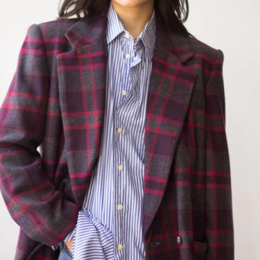 1980s Perry Ellis Plaid Wool Double Breasted Blazer 