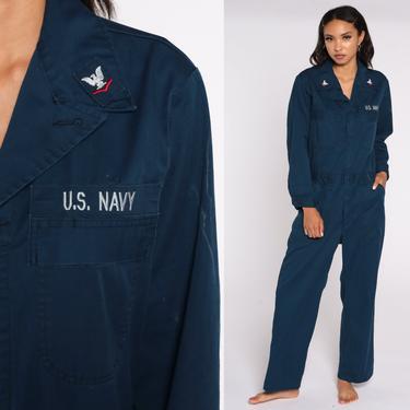 US Navy Boiler Suit Long sleeve Coveralls Jumpsuit Pants Dark Blue Workwear Uniform 80s Boilersuit Work Wear Vintage 1980s Medium 38 R 
