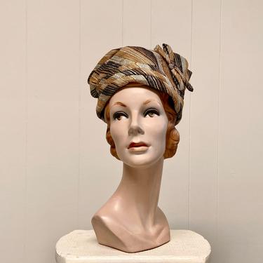Vintage 1950s Formal Evening Hat, 50s Metallic Gold Striped Fabric Toque, Fancy Mid-century Pillbox Hat by Marilyn, 22 1/4&amp;quot; 