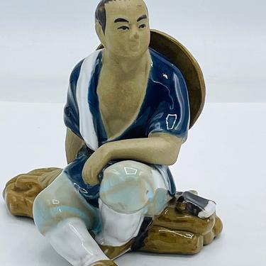 Vintage Wanjiang Signed Figurine Mud Man Sitting China- 4&amp;quot; X 4&amp;quot; 