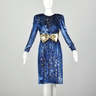 Medium 1980s Blue Velvet Dress Long Sleeve Gold Eyelash Lame Cocktail Party 