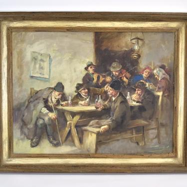 Eastern European Genre Scene Musicians and Old Men Drinking in Tavern signed 