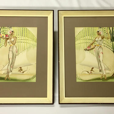 Vintage Rare Original Eric Gill Art Deco Hawaiian Airbrush Painting Pair MCM 