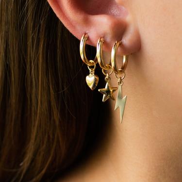 Charm Hoop Earrings, 14K Gold Filled Hoops With Heart, Star, Lightning Bolt Charm, Gold Huggie Hoop Earrings, Gifts For Her 