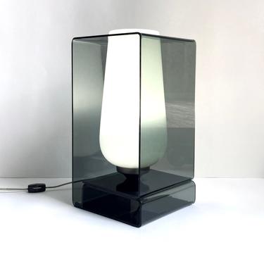 Cool Vintage Smoked Lucite & Glass Box Accent Lamp, 1960s Modernism Laurel? 