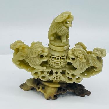 Wonderful Antique Asian soapstone Foo Dog Stopper  Incense burner Carvings 4.25&quot; 