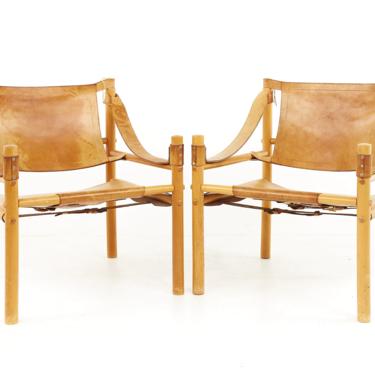 Arne Norell Style Mid Century Leather Safari Chairs - A Pair - mcm 