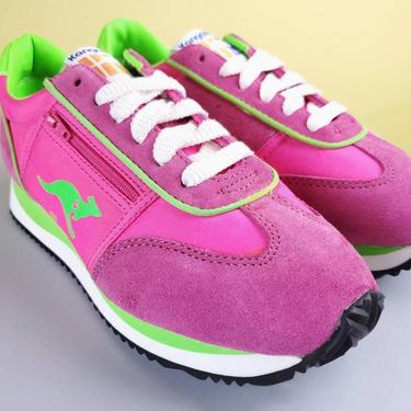 1980s Kangaroos sneakers. Never worn. Hot pink/neon green suede & nylon. Signature zippered stash pocket. Size 6 