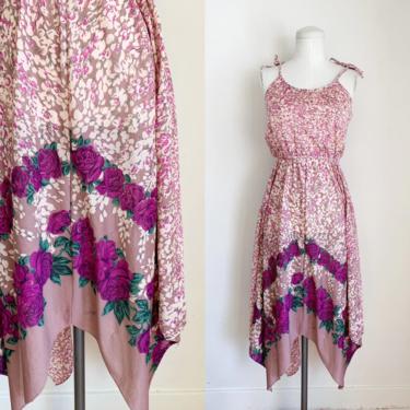 Vintage 1970s Sheer Floral Handkerchief Hem Sundress / XS-S 