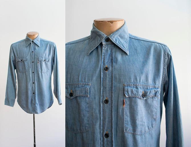 Vintage Big E Levis Button Down Denim Chambray Shirt Vintage Milk Ice Baltimore MD