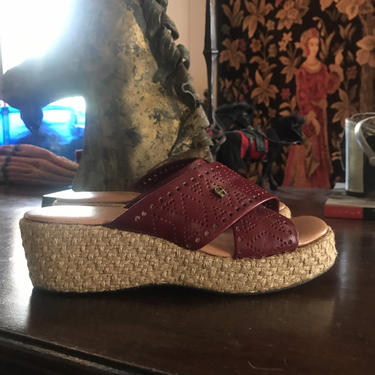 70s ETIENNE AIGNER burgandy espadrilles wedges slides sandals