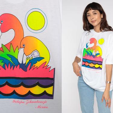 Neon Flamingo Shirt Ixtapa Mexico Shirt Bird Tee 80s Tshirt 90s Graphic Print Tshirt Vintage Retro T Shirt White Single Stitch Medium Large 