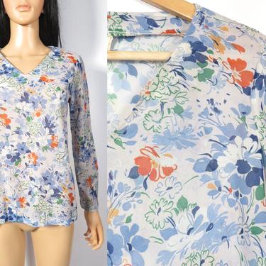 Vintage 70s Lightweight Semi Sheer Floral Watercolor Print Polyester Side Slit Top Size M 