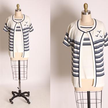 Deadstock 1960s Off White and Navy Blue Striped Novelty Seagull Short Sleeve Blouse with Matching Short Sleeve Jacket by Talbott Travler -S 