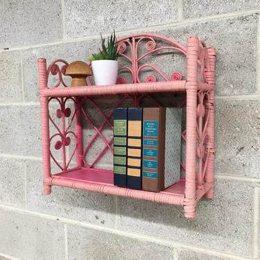 Vintage Wicker Rack Retro 1980s Bohemian + Pink + Two Tier + Woven Design + Open Shelving and Display + Home and Wall Decor + Plant Stand 