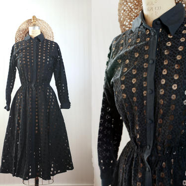 50s black eyelet dress || long sleeve circle eyelet cotton dress || small 