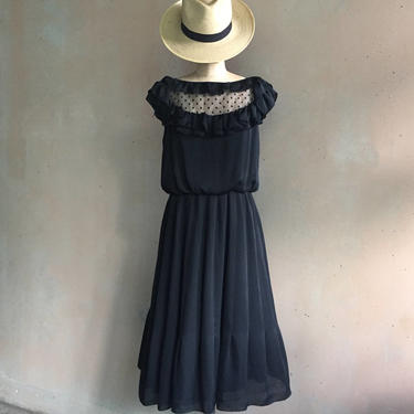 Vintage Handmade Silky Sheer Lace & Ruffles Black Dress 
