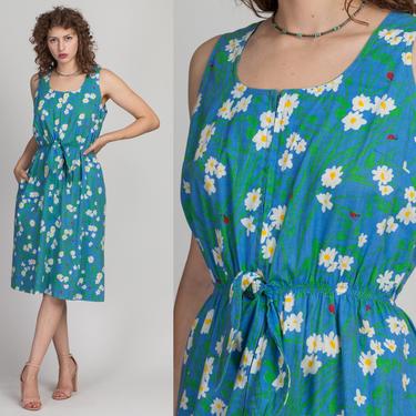 Vintage Daisy & Lady Bug Print Midi Dress - Large | 70s 80s Neiman Marcus Blue Floral Zip Up Pocket Sundress 