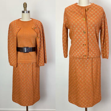 Vintage 1960s Knit Set 60s Skirt Cardigan and Sweater Orange Gold Lurex 