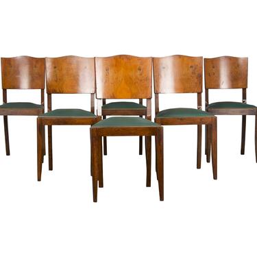 Vintage Set of 6 French Art Deco Beech and Burl Wood Dining Chairs 