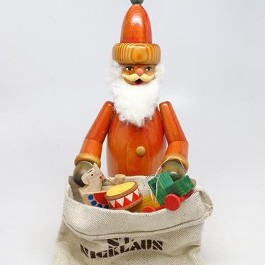 Vintage German Santa with Toys Smoker Incense Burner, Hand Painted Wood for Christmas, Erzgebirge Germany, Original Label &amp; Box 