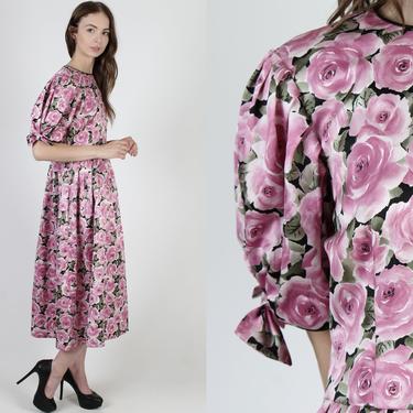 Lanz Garden Floral Dress / Pink Roses Shiny Lawn Dress / Vintage 80s Designer Midi Maxi / Bow Tie Puff Sleeves 