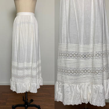 Antique Victorian Petticoat White Cotton Underskirt Pin Tucks Ruffle Hem 