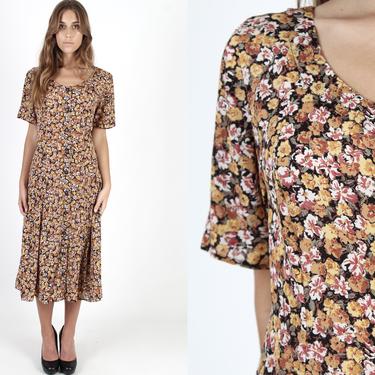 Vintage 90s Yellow & Brown Floral JODY CALIFORNIA Fit & Flare Dress w/ Waist Tie - 14