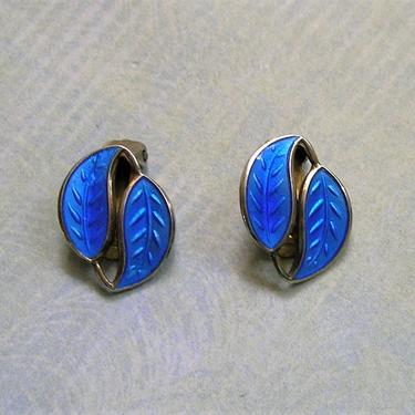 Vintage Sterling Enamel David Andersen Modernistic Double Leaf Earrings, Sterling Norway Enamel Earrings (#3938) 
