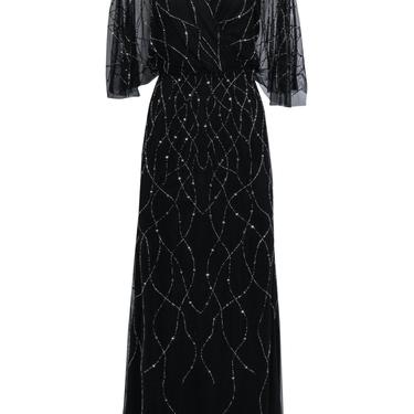 Adrianna Papell - Black Flutter Sleeve Mesh Overlay Gown w/ Beading &amp; Sequins Sz 8