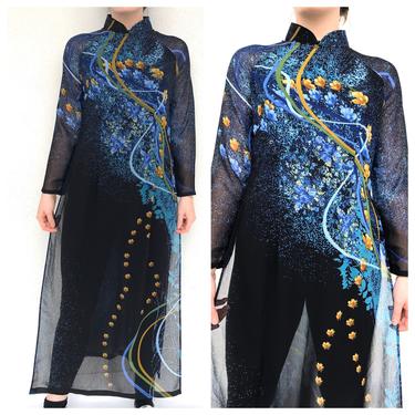 Vintage VTG 1970s 70s Blue Black Floral Vietnamese Ao Dai Dress 