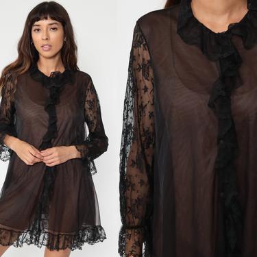 Sheer Black Robe Lingerie Jacket 70s LACE Robe Bed Jacket Gothic Lingerie Nylon Chiffon Romantic 1970s Vintage Medium Medium 