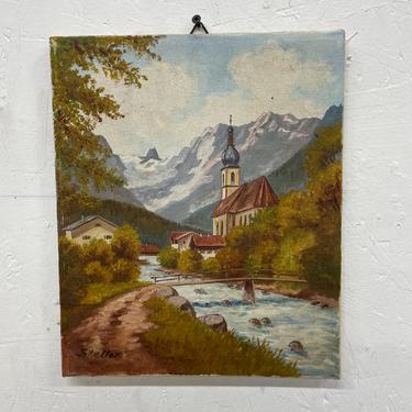Vintage German Painting Petite Oil on Canvas Scenic Landscape by Stelter 1950s 