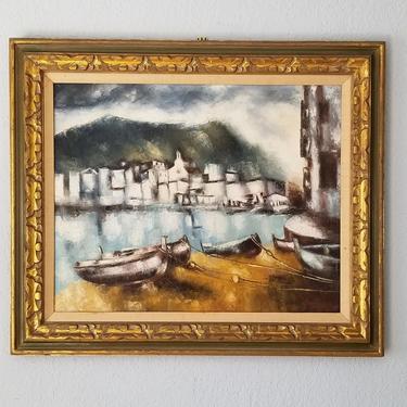 1970s Italian Boats Landscape Oil on Canvas Painting, Signed 