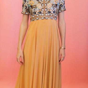 1969 Pierre Balmain Couture Apricot Beaded Gown 