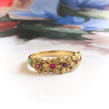 Vintage Yellow Enamel Daisies With Lab Ruby Centers Band Ring 18K 