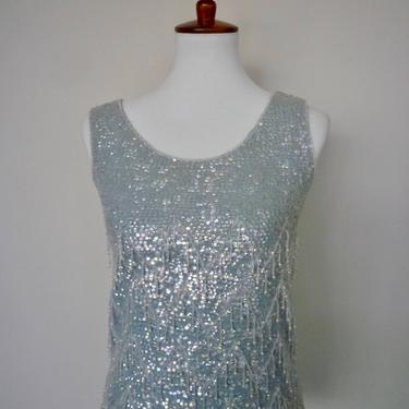 Vintage 50s beaded sweater/sky blue sweater shell with sequins 