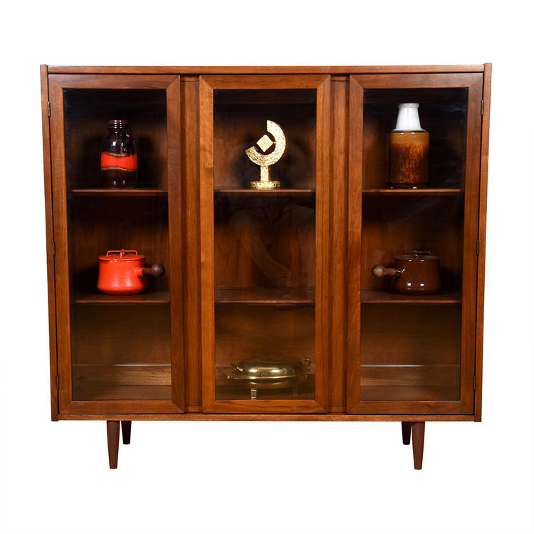 Walnut Mid-Century Modern Glass Door Display Cabinet