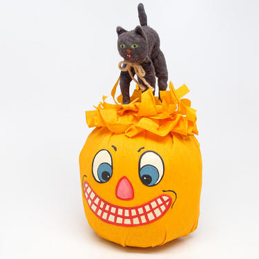Vintage Hand Made Crepe Paper Jack-o-lantern with Cotton Black Cat by Francine Schmitt, for Halloween 