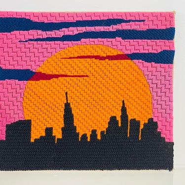 Vintage 1970s MOD Retro Skyline Orange Sunset Hot Pink Sky Cityscape Abstract Fibers Textile Wall Art Needlepoint Embroidery 