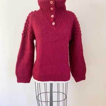 Vintage 1980s Cranberry Red Wool Pom Pom Sweater / S/M 